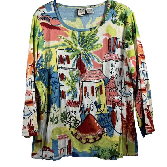 Take Two Womens Top XL Beaded Colorful Artsy Cotton Stretch Wearable Art Stretch - Picture 1 of 6
